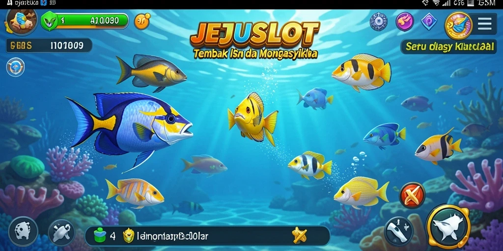 Tampilan gameplay seru dari JEJUSLOT, menembak ikan di dunia bawah laut.