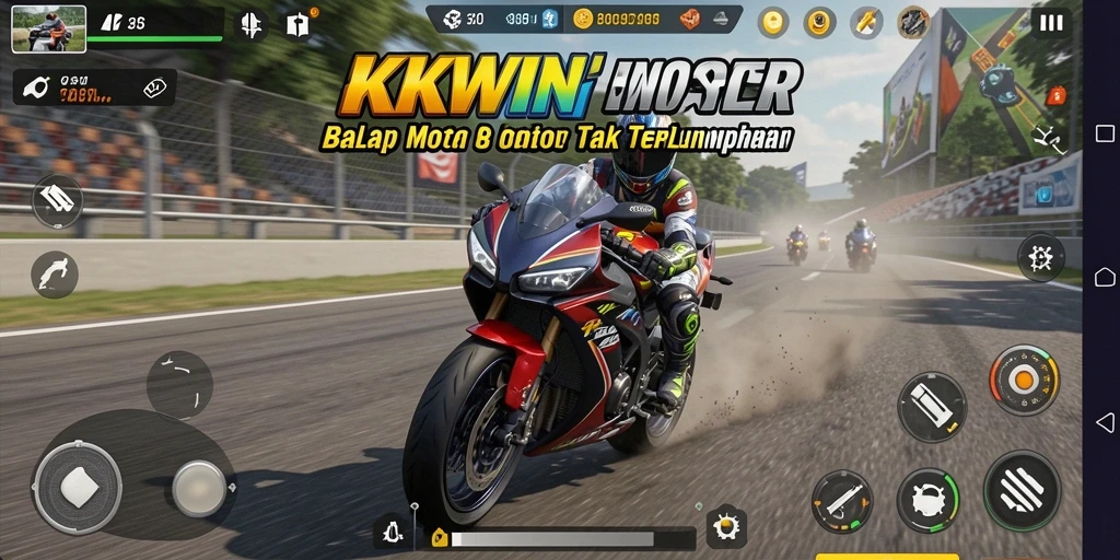 Screenshot utama KKWIN menampilkan aksi balap motor yang mendebarkan.