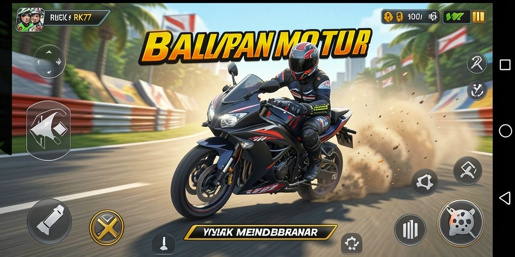 Tampilan gameplay yang mendebarkan dalam <strong>RK77</strong> dengan motor balap yang cepat.