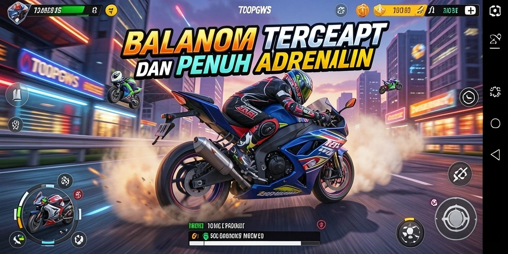 Screenshot gameplay TOOPGWS menampilkan aksi balapan motor yang mendebarkan.