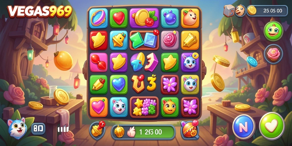 Tampilan gameplay <strong>VEGAS969</strong> dengan elemen warna-warni yang menarik.